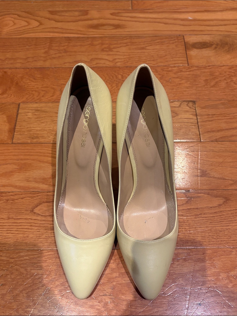 Sergio Rossi Lemon Leather Pointed-Toe Pumps (one dark spot @ left toe, as is)